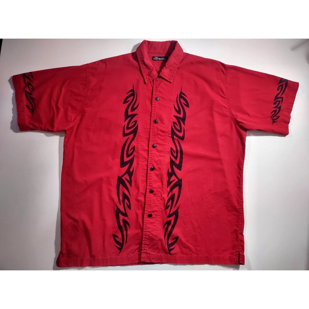 No Boundaries Button Down Short Sleeve Y2K Vintage Red W/Black Tribal Pattern XL